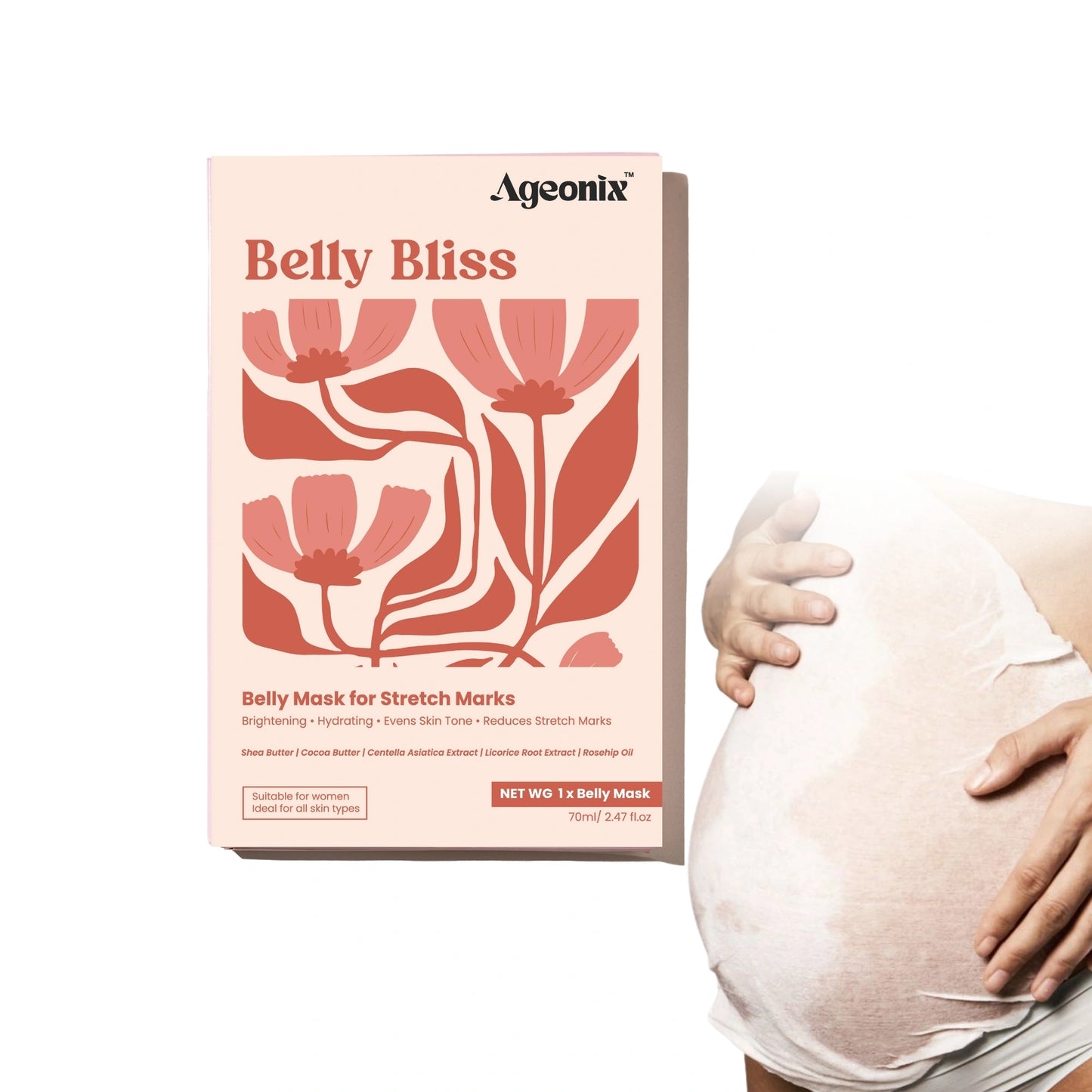 Belly Bliss Stretch Mark Belly Sheet Mask with Rosehip Oil – Pregnancy & Postpartum Skin Treatment