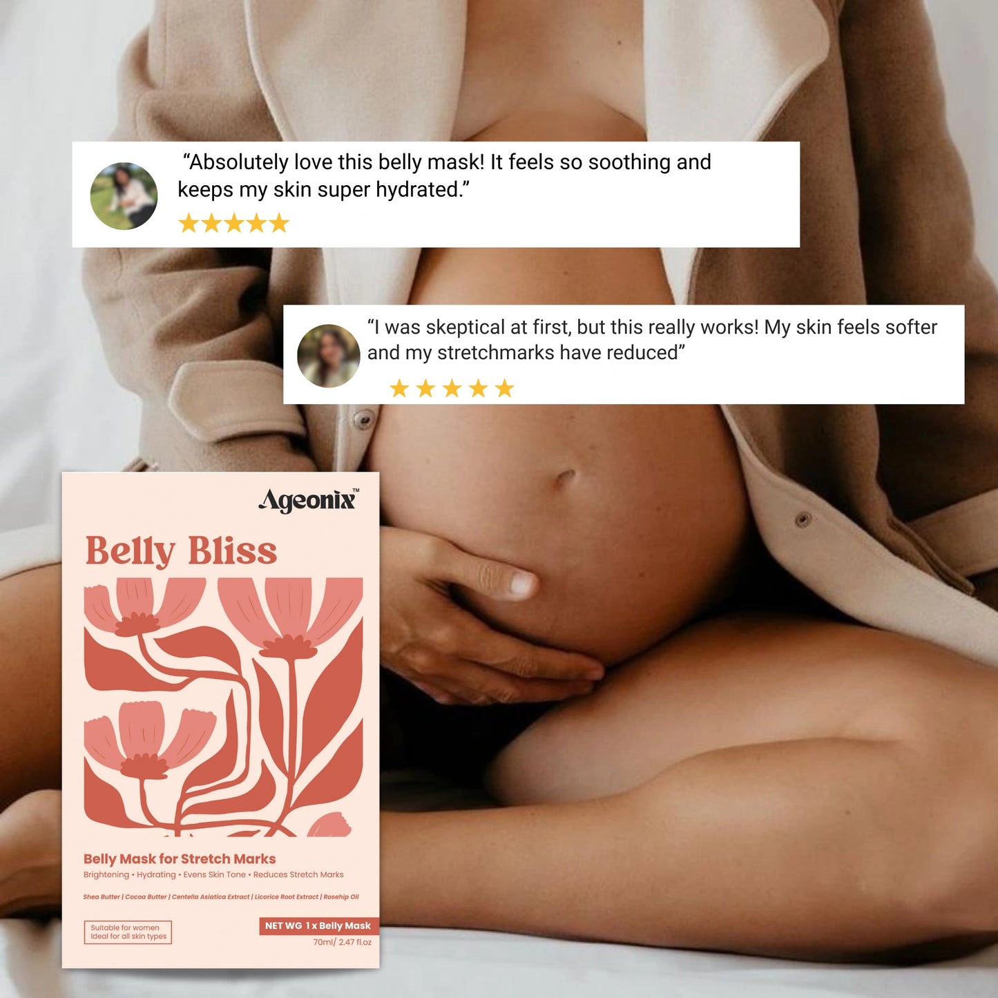 Belly Bliss Stretch Mark Belly Sheet Mask with Rosehip Oil – Pregnancy & Postpartum Skin Treatment